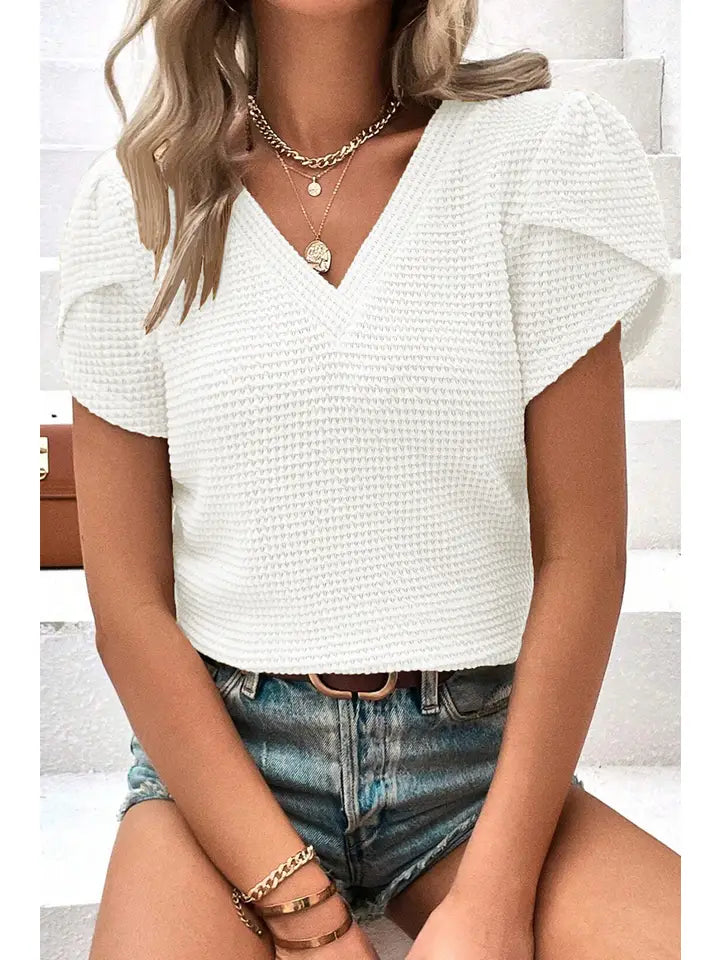 V-Neck Petal Sleeve Waffle Knit T-Shirt