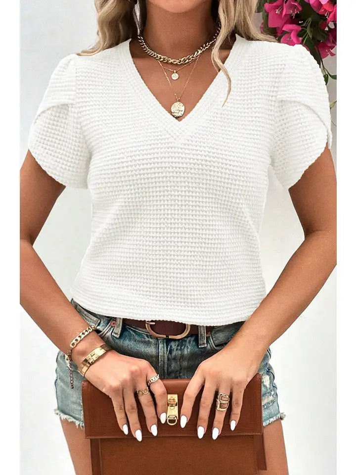 V-Neck Petal Sleeve Waffle Knit T-Shirt
