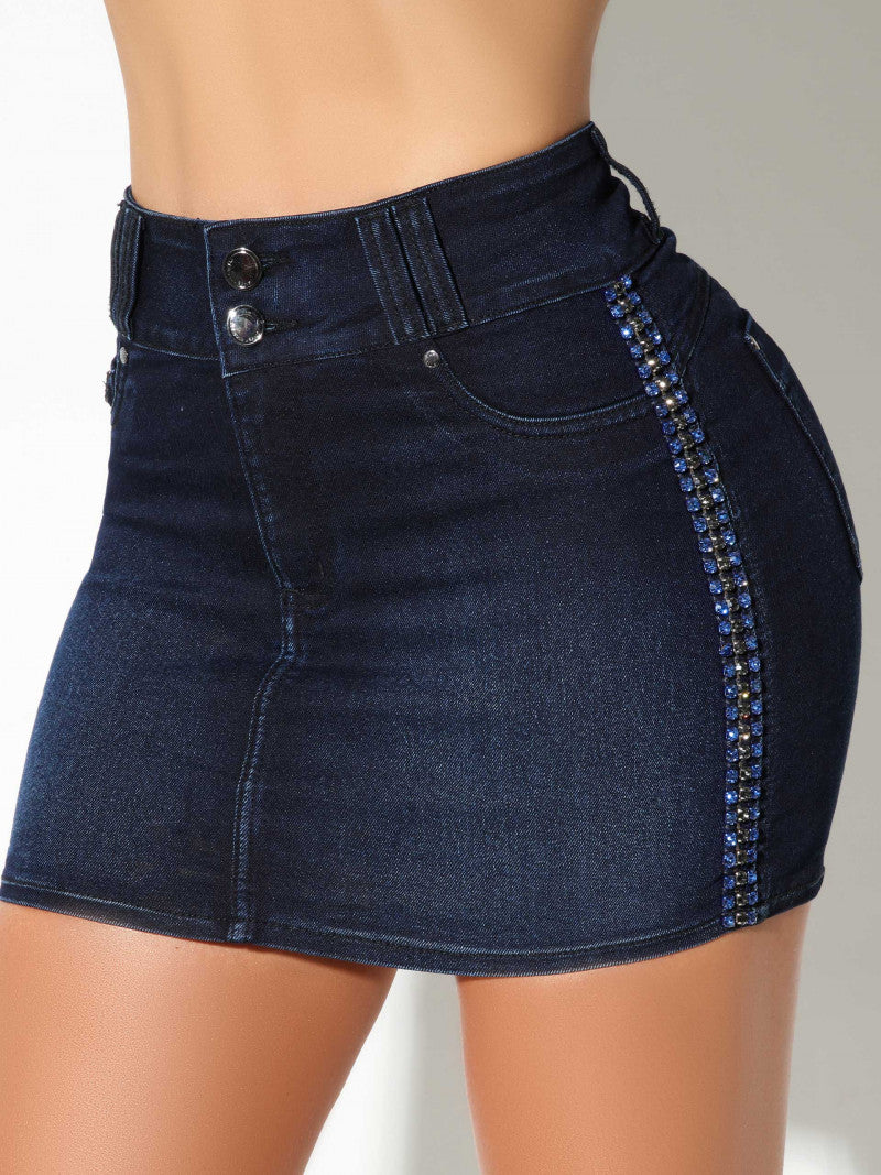 Jeans Mini Skirt With Rhinestone Chains - 67484