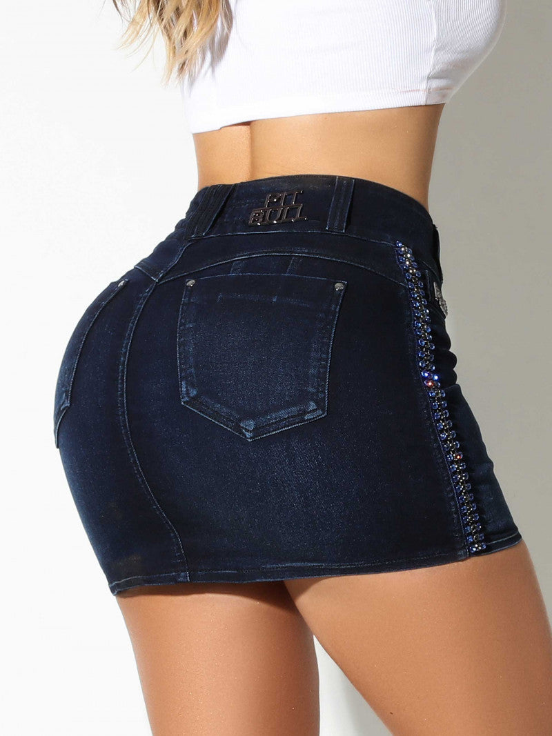 Jeans Mini Skirt With Rhinestone Chains - 67484