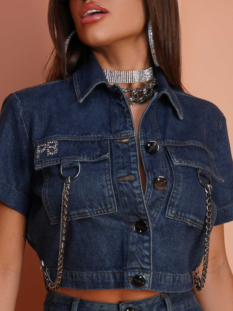 Women's Cropped Jeans Jacket with Chains - 67999