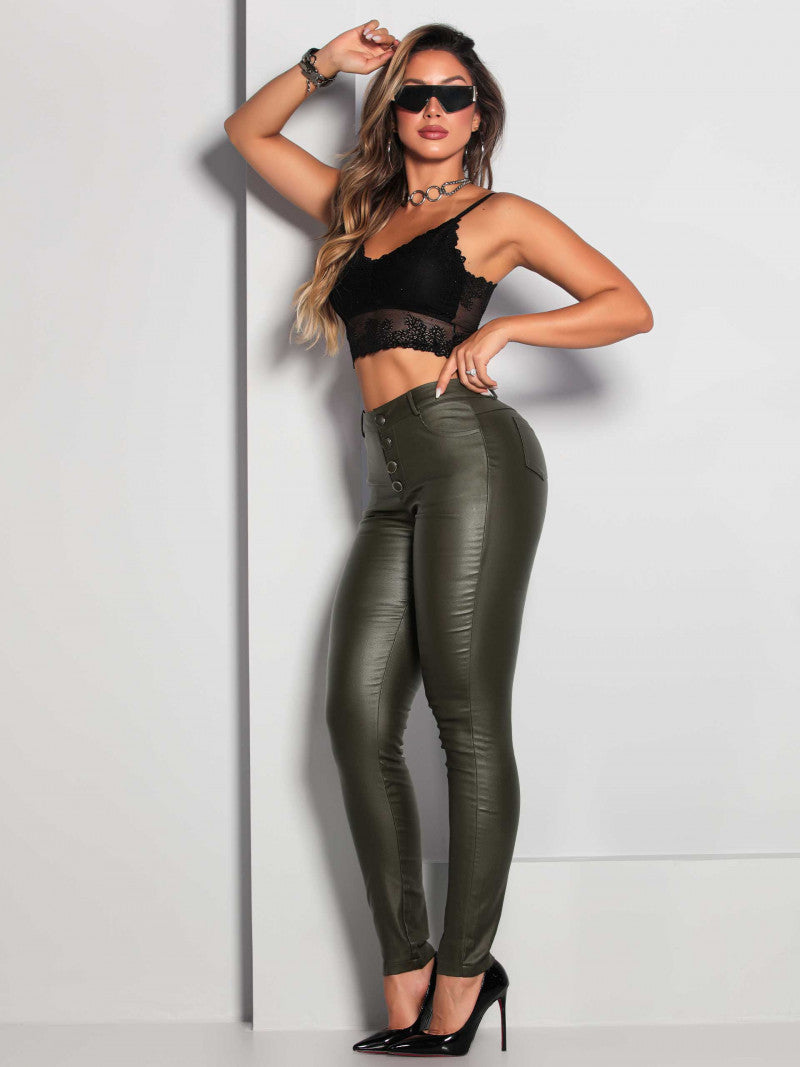 Women's High Waist Riding Pants with Leather Effect - Military Green - 81327