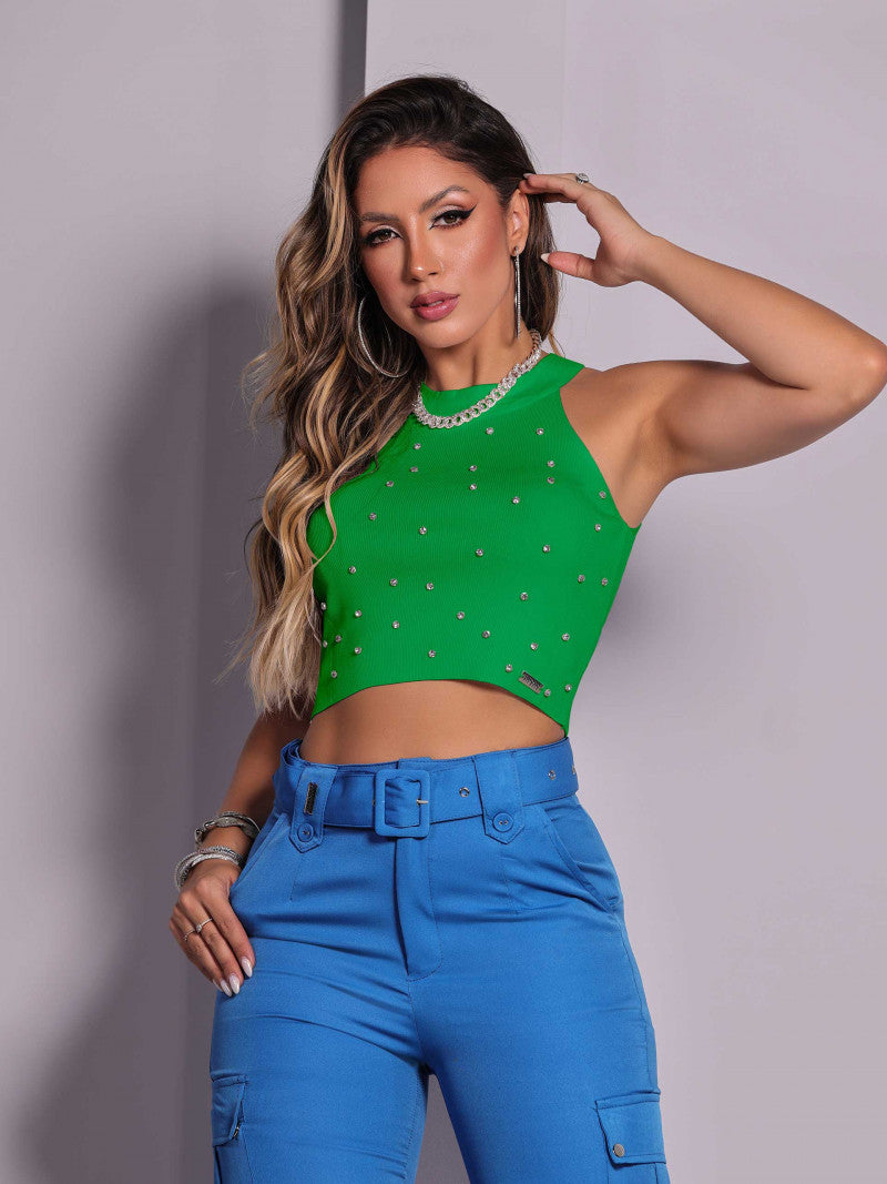 Luxurious Ribbed Crop Top with Crystals - Dark Green - 81391