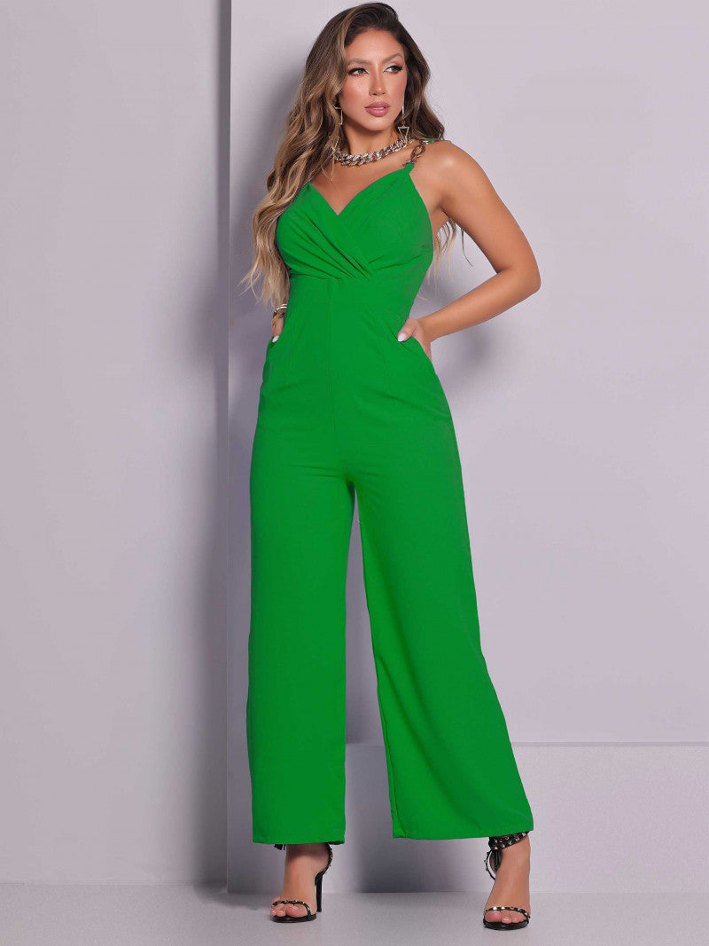Women's Long Pantalona Jumpsuit with Chain Straps - Green - 81396
