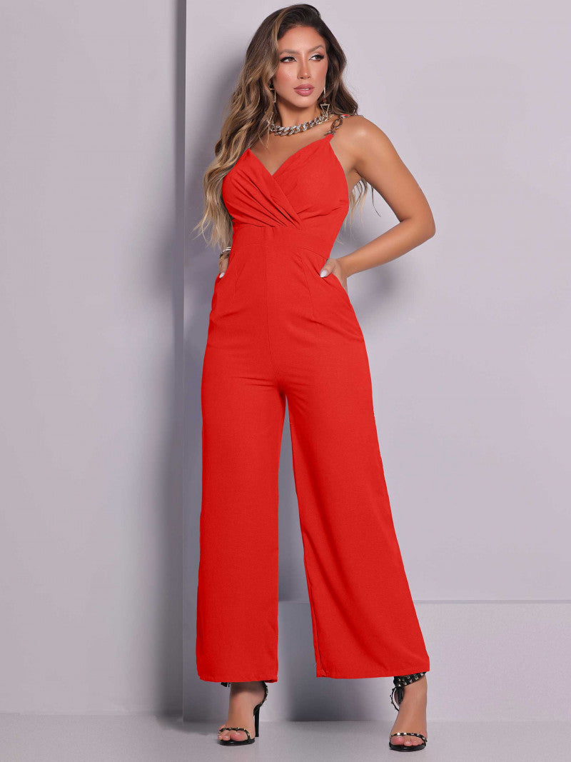 Women's Long Pantalona Jumpsuit with Chain Straps - Red - 81396