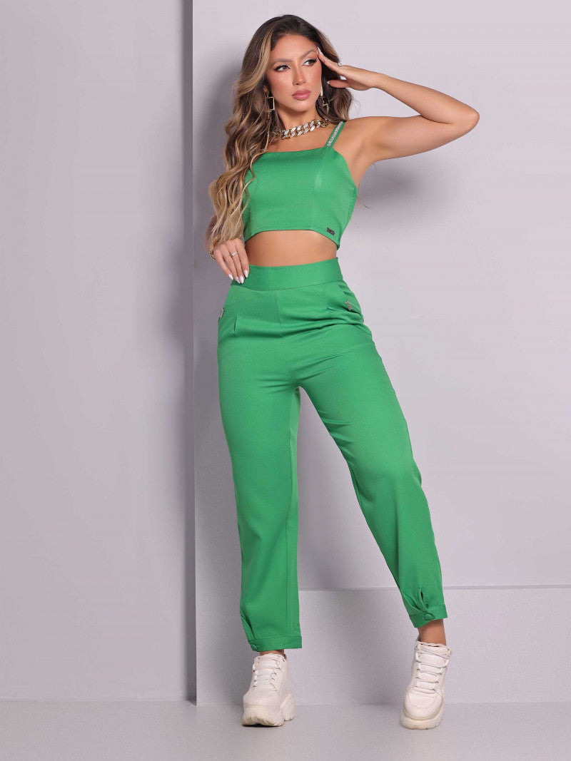Luxury Women's Pants and Cropped Top Set with Stones - Green - 81441