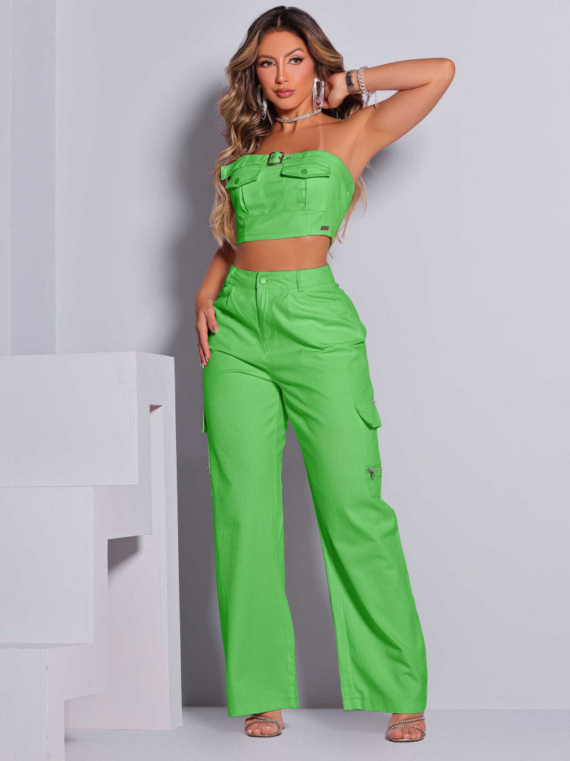 Strapless and Wide Leg Cargo Color Corset Set - Green - 82022