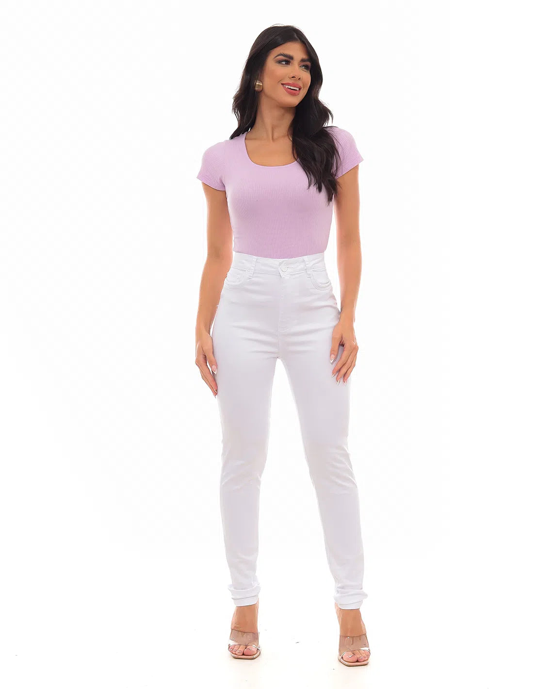Women's Hot Skinny Twill Pants Basic High Waist 22894 White