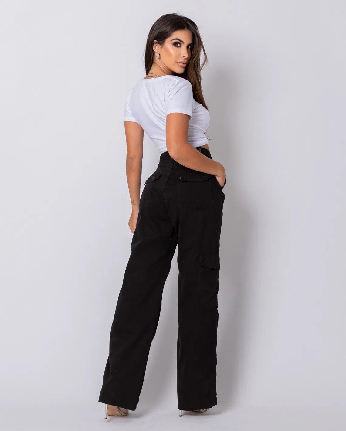 Women's Wide Leg Pants with Cargo Pocket 22686 Black