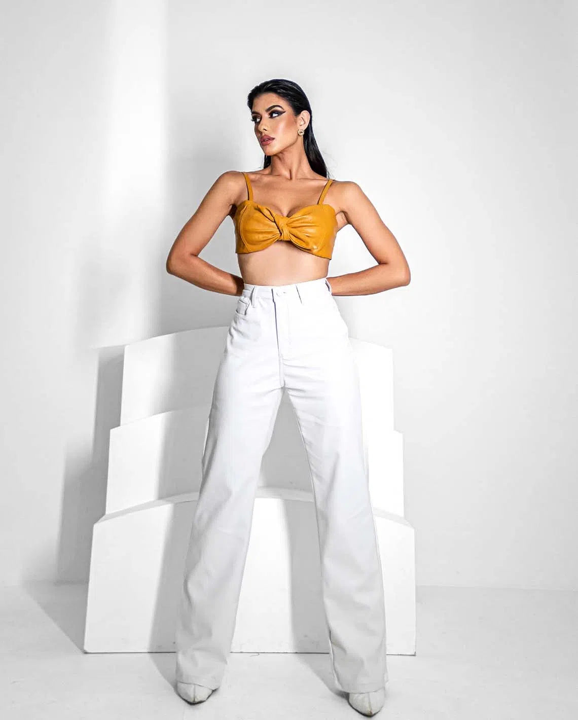 Women's Wide Leg Synthetic Fabric High Waist Pants 22738 Off White