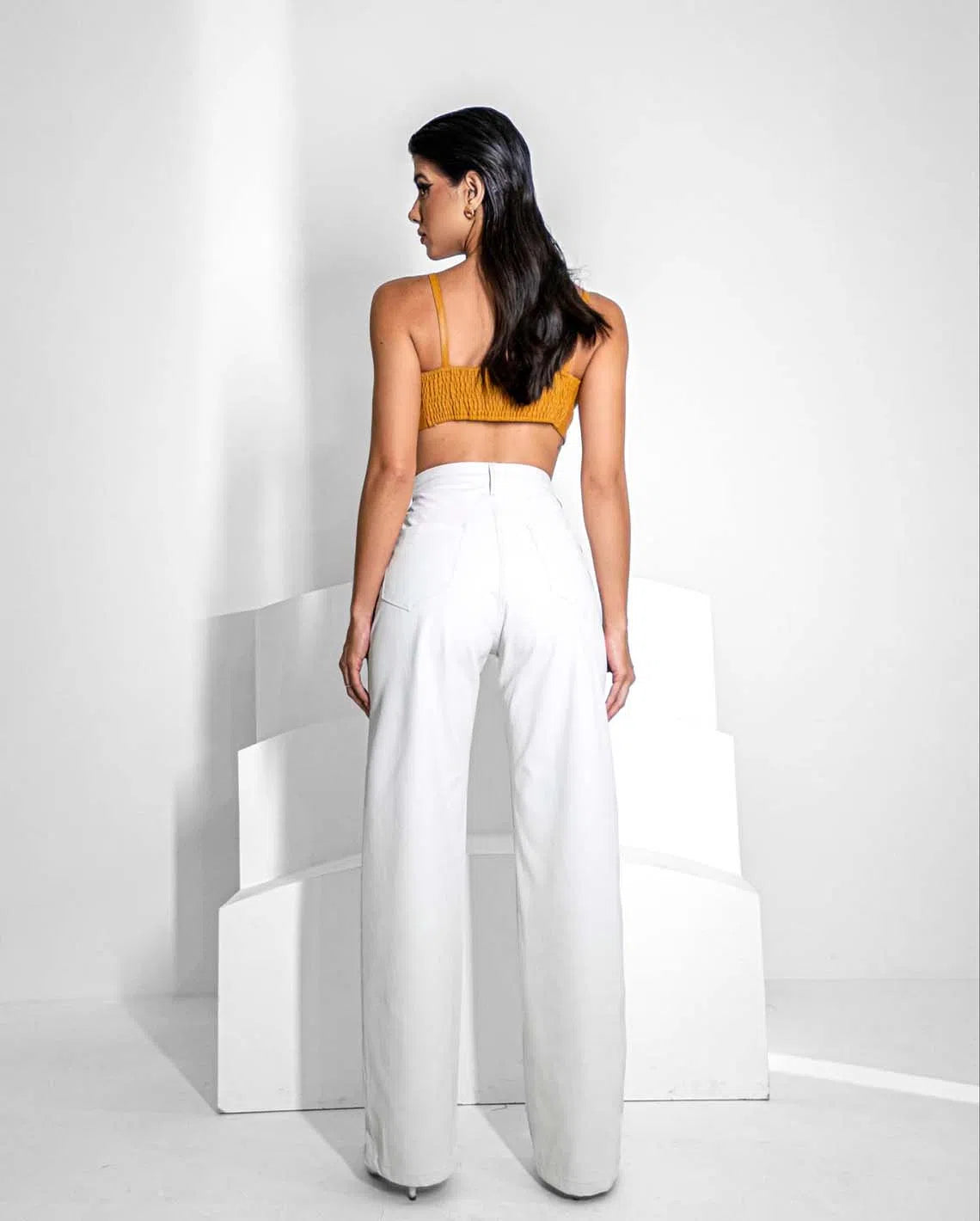 Women's Wide Leg Synthetic Fabric High Waist Pants 22738 Off White
