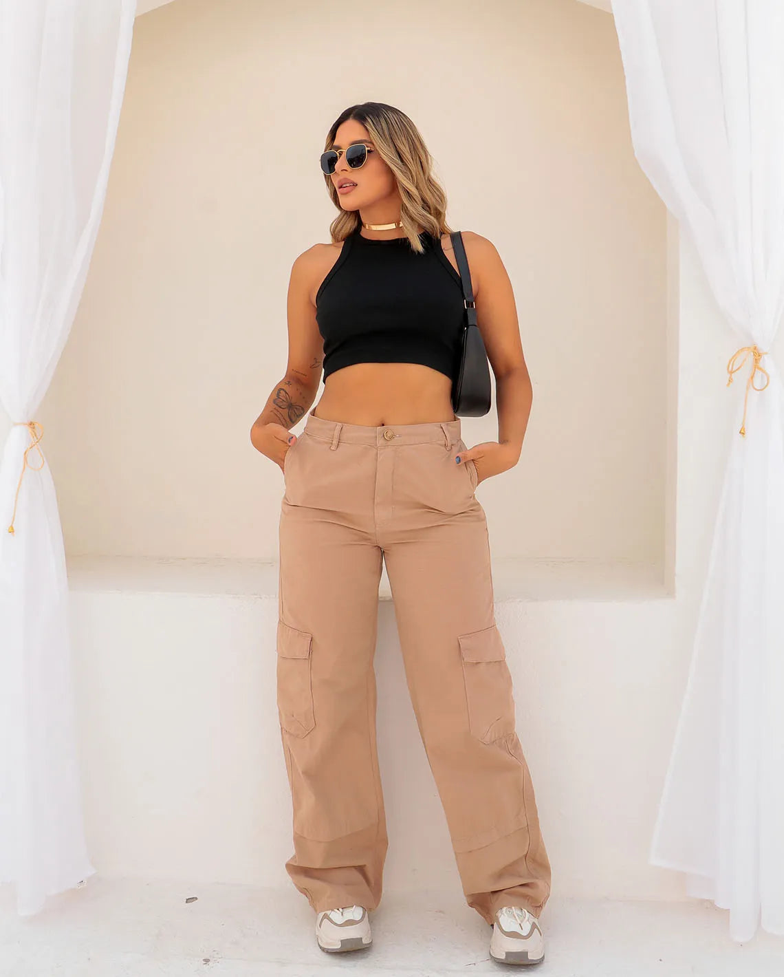 Women's Wide Leg Twill Pants High Waist Cargo Pocket 22657 Khaki