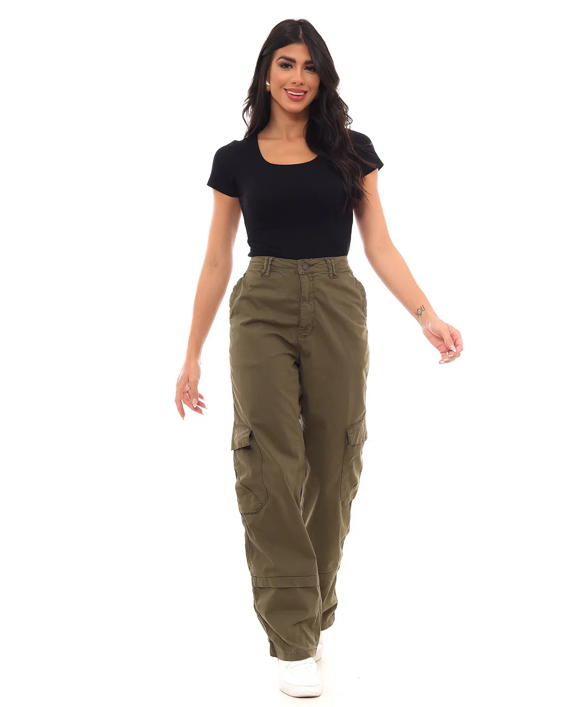 Women's Wide Leg Twill Pants High Waist Cargo Pocket 22969 Military Green