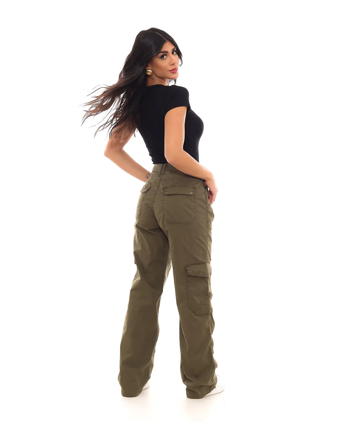 Women's Wide Leg Twill Pants High Waist Cargo Pocket 22969 Military Green