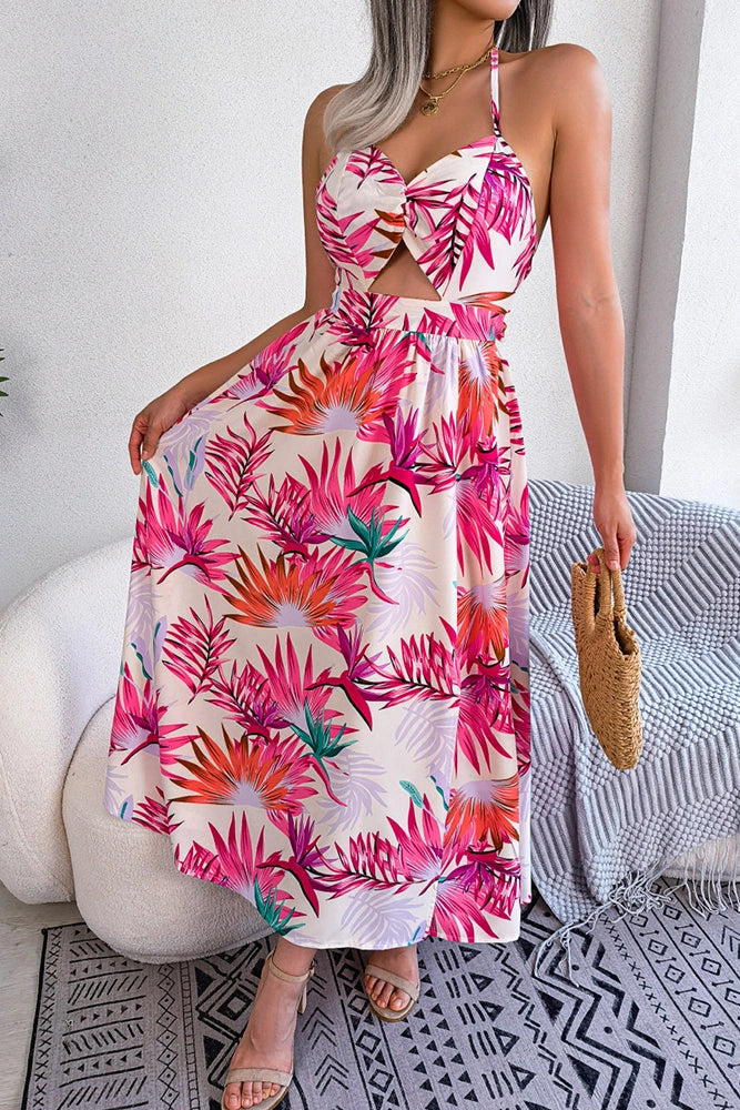 V Neck Hollow Out Backless Halter Floral Maxi Dress BJS038 - White