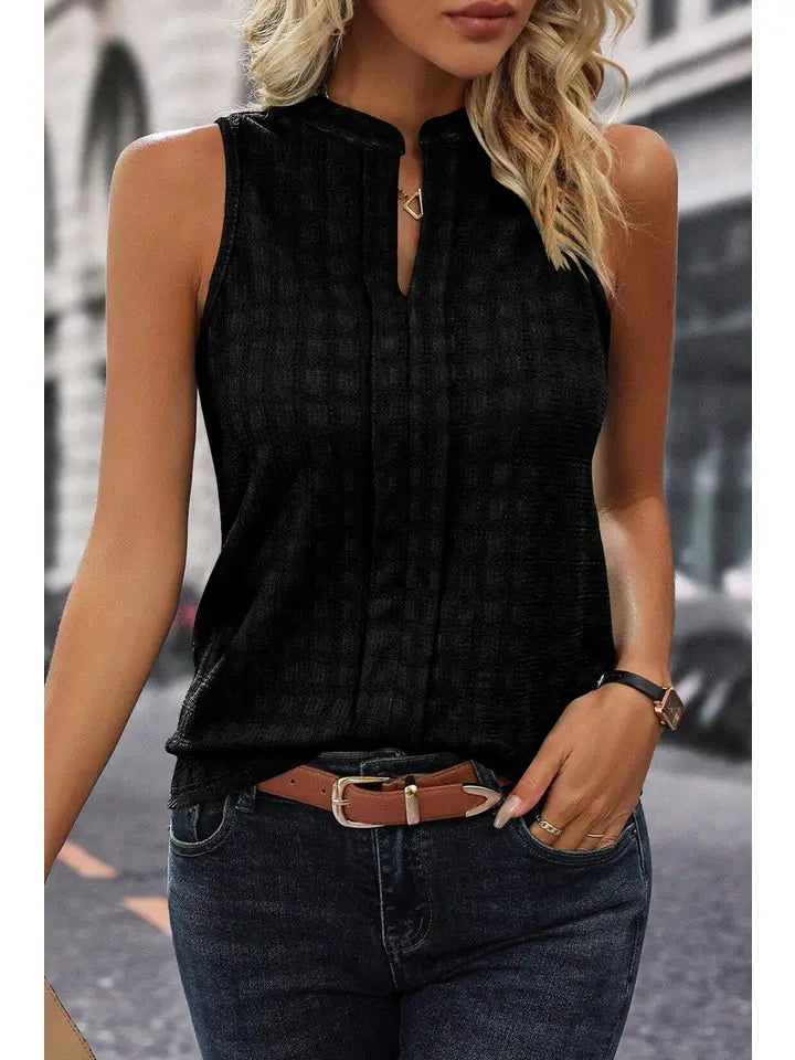 Lattice Textured Split Neck Tank Top