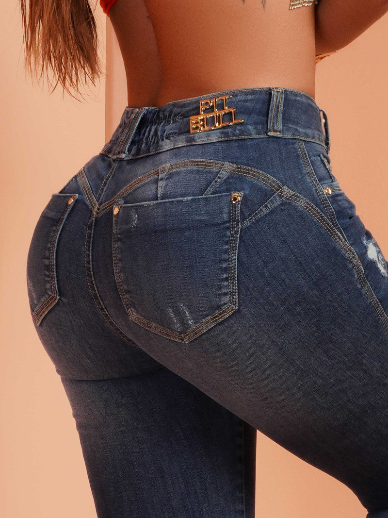 Luxurious Butt Lifting Jeans with Leather Accessory - 67930