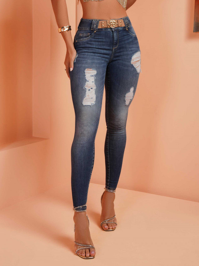 Luxurious Butt Lifting Jeans with Leather Accessory - 67930