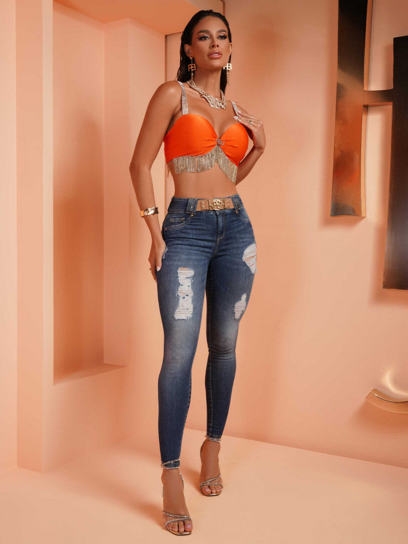 Luxurious Butt Lifting Jeans with Leather Accessory - 67930