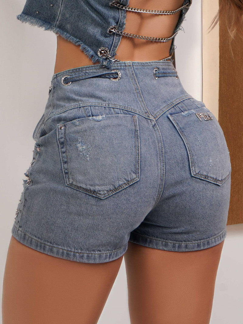 Ripped BBL Jean Shorts with Chain Belt - 69288