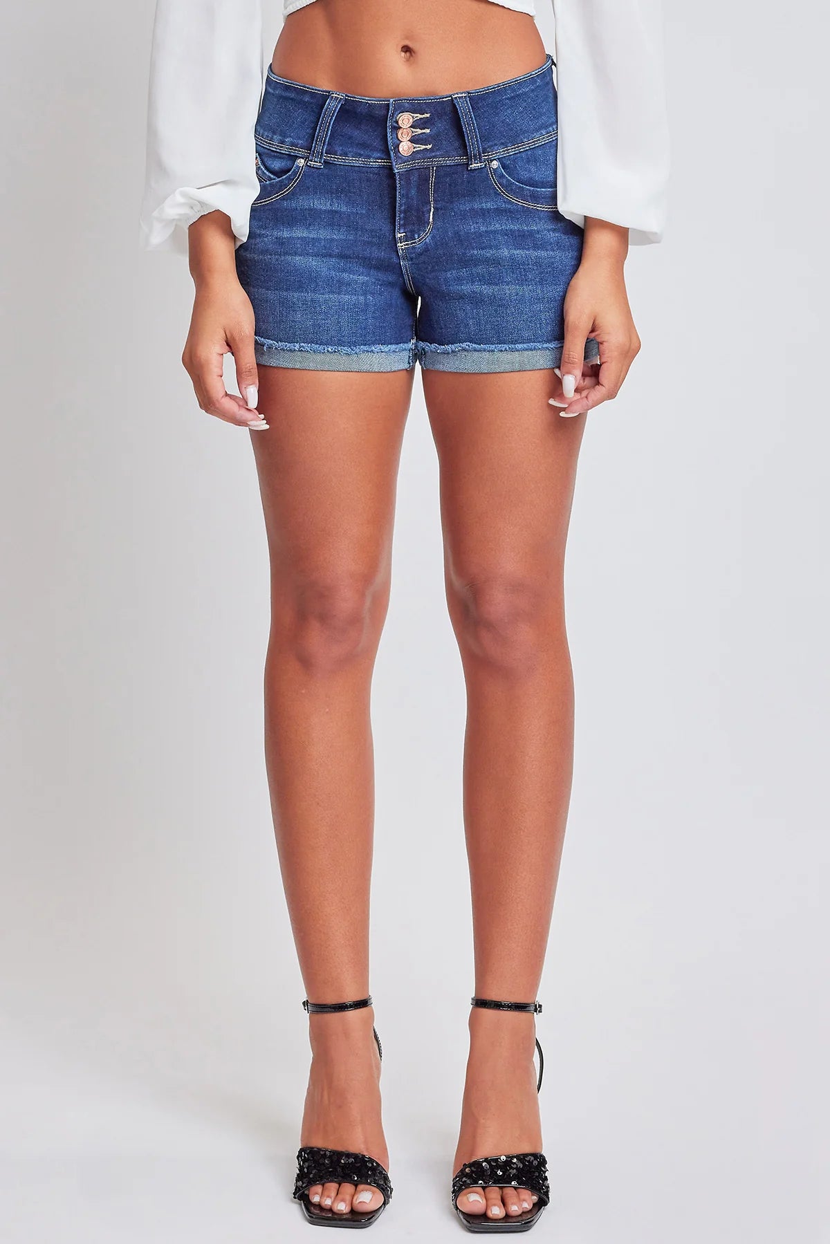 Junior Wannabettabutt 3 Button Cuffed Denim Shorts