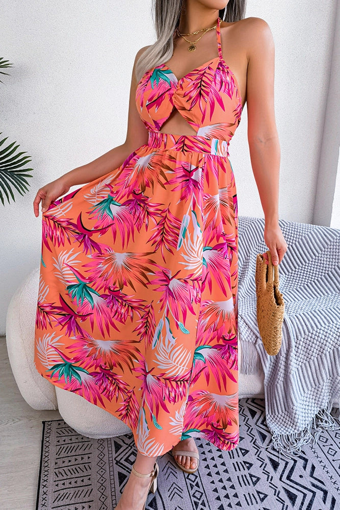 V Neck Hollow Out Backless Halter Floral Maxi Dress BJS038 - Orange