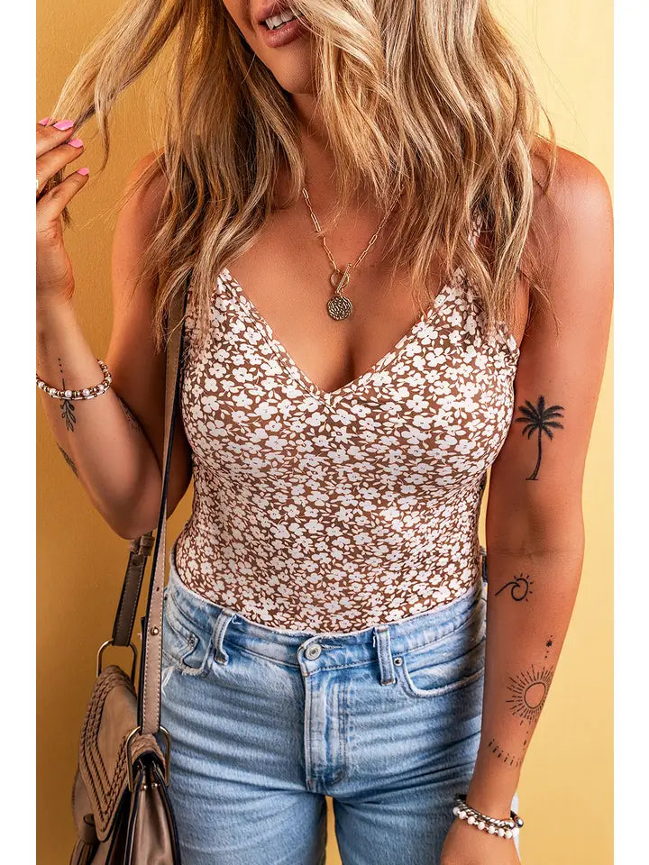 Floral Print Spaghetti Strap V Neck Bodysuit